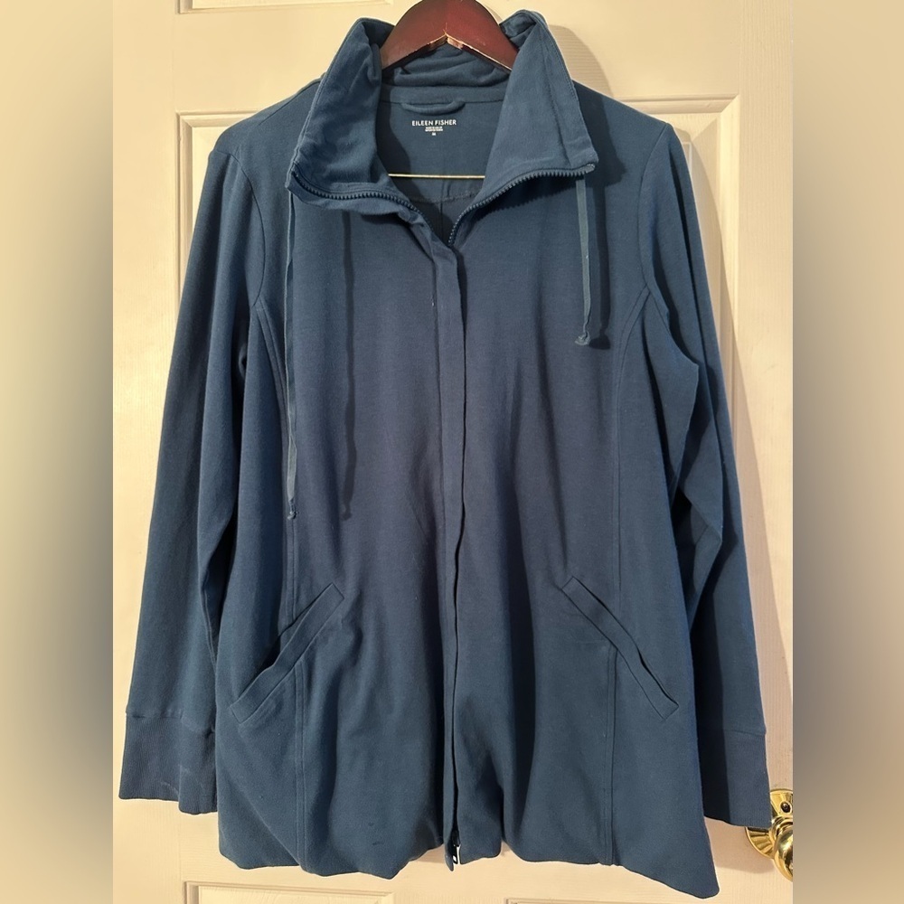 EILEEN FISHER Med Slate Blue Zip Up Performance Mock Neck Tunic Length Jacket